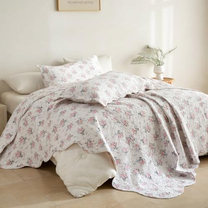 Lady Ann Cotton Floral Quilt Set, Vintage Oversized King Bedspread 120x120 for Extra Large Bed, Blush Pink Rose Pattern Printed Quilted Coverlet with Scalloped Edge, 3 Pcs Bedding Set