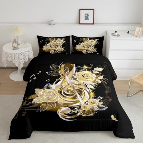 Feelyou Yellow Music Note Comforter Set King Size Couple Rose Floral Comforter for Girls Women Lover Valentine's Day Bedding Set Romantic Musical Duvet Set Room Decor