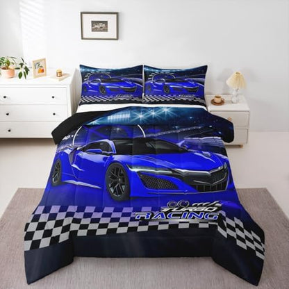 Feelyou Ombre Racing Car Bedding Set Toddler Size Kids Blue Speed Sports Car Bedding Set for Boys Girls Teens Extreme Sports Duvet Quilt Breathable Soft Lightweight Microfiber Room Decor
