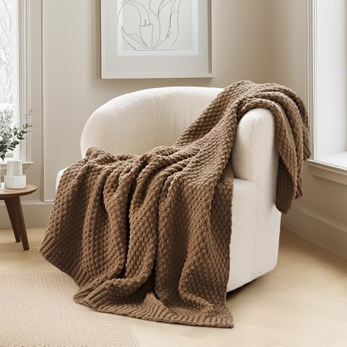 EVERGRACEHOME Chunky Chenille Knit Throw Blanket, 50 x 60, Camel Brown