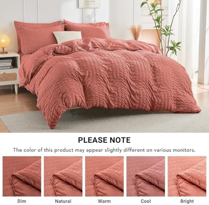 HYMOKEGE Coral California King Comforter Set Seersucker 7 Pieces, All Season Luxury Bed in a Bag for Bedroom, Bedding Set with Comforter, Sheets, Pillowcases & Shams