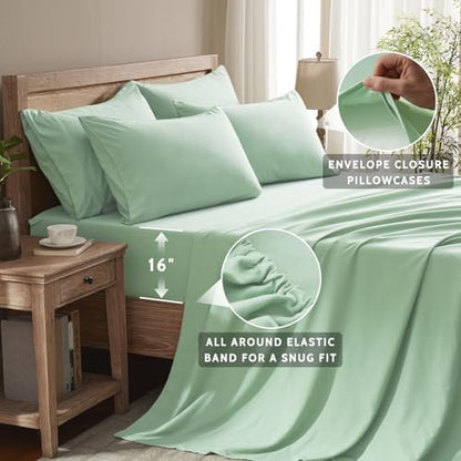 Twin Sheets Set - 4 Piece Soft Microfiber and Wrinkle Free Sheets - Easy Care, Extra Soft, Cooling Sheets - 1 Deep Pocket Fitted Sheet 1 Flat Sheet and 2 Pillowcases (Twin Sage Green)