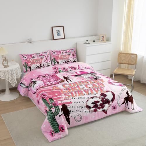 Western Cowboy Cowgirl Comforter Set King Size,Cactus Highland Cow Fur Floral Print Pink Bedding Set,Rustic Southwest Quilt Set for Kids Girls Boys Women Room Decor,Vintage Duvet Insert 3Pcs