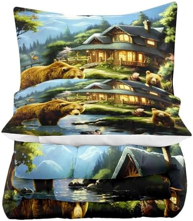 LUVIVIHOME 2PCS Cute Bear Comforter Set Twin Size, Mallard Duck Deer Squirrel Lake Woodland Forest Animal Wildlife Country Lodge Rustic Farmhouse Cabin Bedding Sets for Kids Boys Girls, 1 Pillow Sham