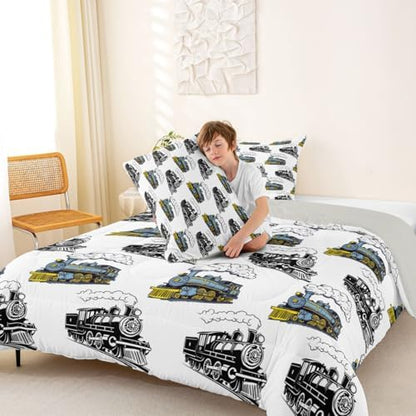 Feelyou Blue Vintage Train Comforter Set Full Size Retro Steam Locomotive Down Bedding Set for Kids Boys Girls Transportation Vehicles Duvet Quilt Bedroom Decor Microfiber 3 Pcs with 2 Pillow Cases