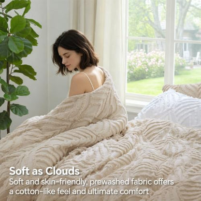 BEDELITE Boho Comforter Set Twin - Tufted Boho Bedding Set, Cream Beige