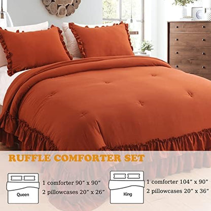 Masaca Terracotta Ruffled Comforter King Size,Shabby Burnt Orange Chic Farmhouse Bedding Lightweight Fluffy Ruffle Bed Comforter Aesthetic Rustic Bed Set 3 Pieces