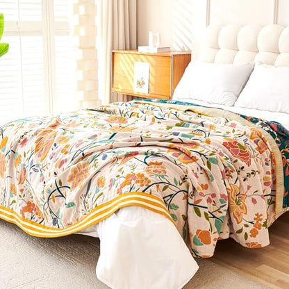 VANJOROY Boho Throw Blanket, 100% Organic Cotton Breathable Ultra Soft 91" x 98" Bed Quilt Throw - All Season Floral Rustic Farmhouse Decor Luxury Reversible Blanket for Sofa Couch Chair and Gift