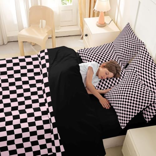 jejeloiu Pink Black Plaid Comforter Set with Sheets 7 Piece Queen Size Checkered Classic Bedding Set for Kids Boys Girls Grid Geometric Bed in a Bag Room Decor Soft Lightweight Microfiber
