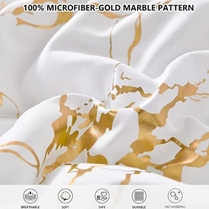 Yogeneg Gold Metallic Marble King Size Comforter Set,7 Piece Bed in a Bag,Foil Print Glitter White Comforter and Sheet Set,All Season Soft Microfiber Complete Bedding Sets(White,King)