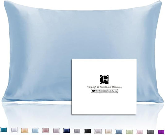 Ravmix Silk Pillow Cases with Zipper, 21momme Mulberry Silk Pillowcase for Hair Skin Health, Soft Smooth Breathable Cool Pillow Cover for Beauty Sleep with Gift Box 1PC(Queen 20"x30", Light Blue)