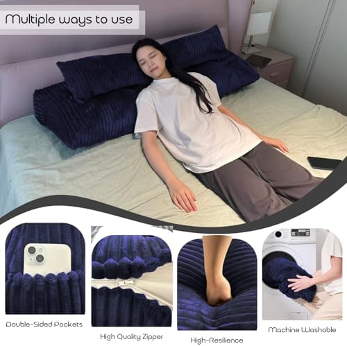 Headboard Pillow King, Headboard Wedge Pillow with A Long Neck Roll Pillow Body Pillow, Triangle Pillow Wedge for Reading, Working, Bed Wedge Pillow for Headboard (Blue, King)