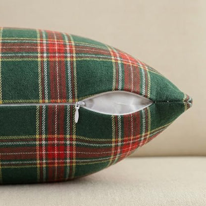 AVOIN colorlife Christmas Green Red Plaid Decorative Throw Pillow Covers, 20 x 20 Inch Holiday Scottish Tartan Cushion Case Farmhouse Decoration for Sofa Couch Set of 2