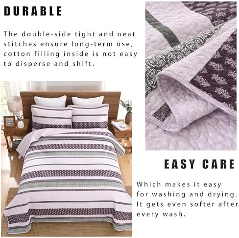 Homzard King Size Comforter Set, Cotton Quilt, Purple and Grey Bedding Set, Lightweight Striped Bedspread, Reversible Coverlet King Size (106"X98") with 2 Pillow Shams All Season
