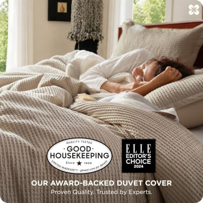 Bedsure PureWoven 3 Pieces 100% Cotton Waffle Duvet Cover Set, Queen, Khaki