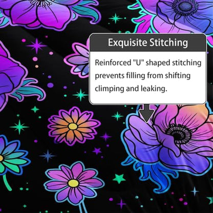 Axolotl Neon Floral Bedding Set King,Gradient Floral Comforter Set for Girls,Colorful Flower Bedding Stars,Galaxy Series Comforter for Kids Boys Girls Teens Adults,1 Quilt 2 Pillowcases,Black