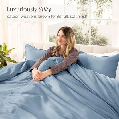 Bare Home 100% Organic Cotton Sateen Duvet Cover Set (Queen, Dusty Blue)