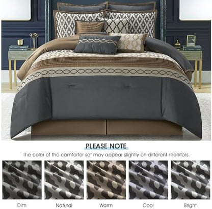 LANCO MODERN LIFESTYLE King Size Comforter Set, Grey Brown, 10 Piece Bed in a Bag for All Seasons, Luxury Extreme Comfort Bedding Sets with Bedskirt, Pillow Shams, Euro Shams and Decor Pillows
