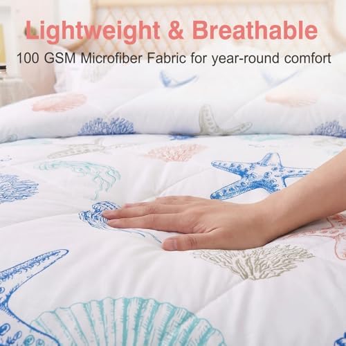 JSD Beach Theme Kids Queen Comforter Set, Jellyfish Starfish Shell Pattern