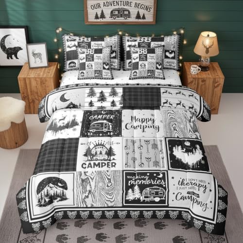 Erosebridal 7 Piece Kids Camping Themed Full Bedding Set,Rv Camper Comforter Set with Sheets for Bunk Travel Trailer,Woodland Pine Tree Bed Set,Black Grey Buffalo Plaid Bed in a Bag with Pillowcases