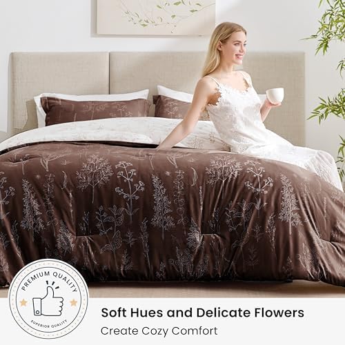 Love's cabin Chocolate Comforter Set Queen - Queen Size Comforter Set, 3 Pieces Cute Floral Bedding Sets for All Seasons,1 Soft Reversible Botanical Flowers Comforter and 2 Pillow Shams
