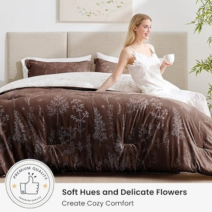 Love's cabin Chocolate Comforter Set King - King Size Comforter Set, 3 Pieces Cute Floral Bedding Sets for All Seasons,1 Soft Reversible Botanical Flowers Comforter and 2 Pillow Shams