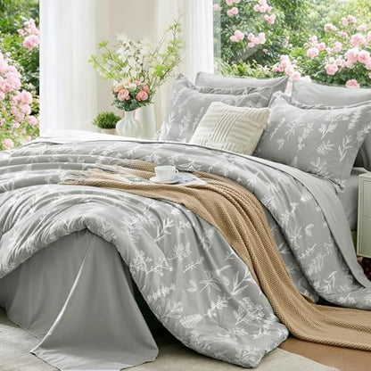 MUXHOMO Silver Grey Full Comforter Set, Elegant Floral Print Bed in a Bag 7 Pieces, Ultra Soft & Breathable Reversible Botanical Pattern Bedding Set with Comforter, Sheets, Pillowcases, and Shams