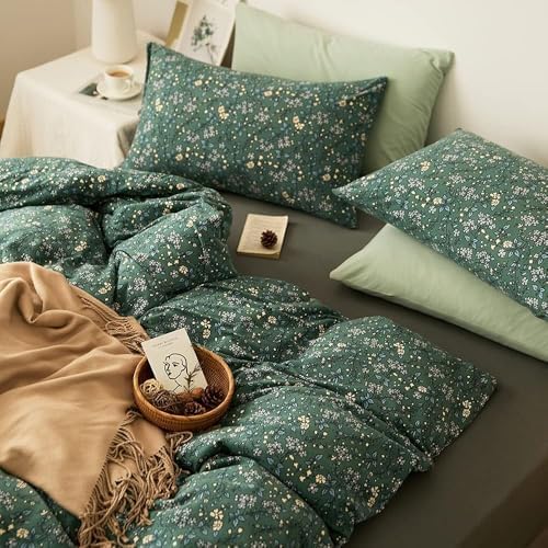 Vintage Green Floral Duvet Cover Twin XL Jersey Knit Cotton Chic Floral Bedding Set Garden Style Flower Botanical Duvet Cover Cottagecore Pillowcases