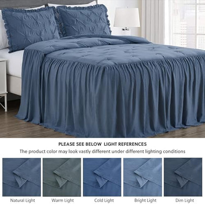 Chezmoi Collection Aria 3-Piece Pinch Pleat Pintuck Ruffle Skirt Bedspread Set - French Country Chic Farmhouse - King, Dusty Blue