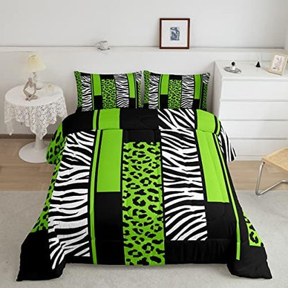 Leopard Zebra Comforter Set Full Size Kids Cheetah Green White Black Comforter for Boys Teens Animal Print Bedding Set Safari Duvet Set Geometric Room Decor Quilt Boys