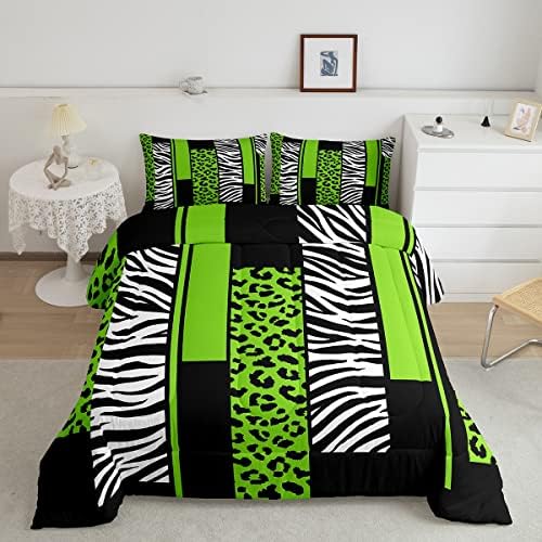 Feelyou Leopard Zebra Comforter Set King Size Kids Cheetah Green White Black Comforter for Boys Teens Animal Print Bedding Set Safari Duvet Set Geometric Room Decor Quilt Boys
