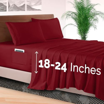 Elegant Comfort 4-Piece Bed Sheet Set - Luxury Bedding 1500 Premium Hotel Quality Microfiber, All Around Elastic 18-24 Inches Deep Fitted Sheet- Extra Deep Pocket Sheets, California King, Burgundy