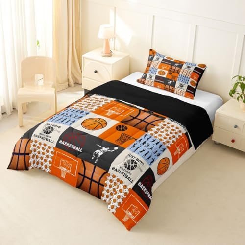 Boy Basketball Comforter Set Twin Size,Ball Sport Games Bedding Sets 2Pcs for Girls Boys Teens Room Decor,Basketball Player Silhouette Duvet Insert Modern Patchwork Plaid Down Comforter,1 Pillowcase