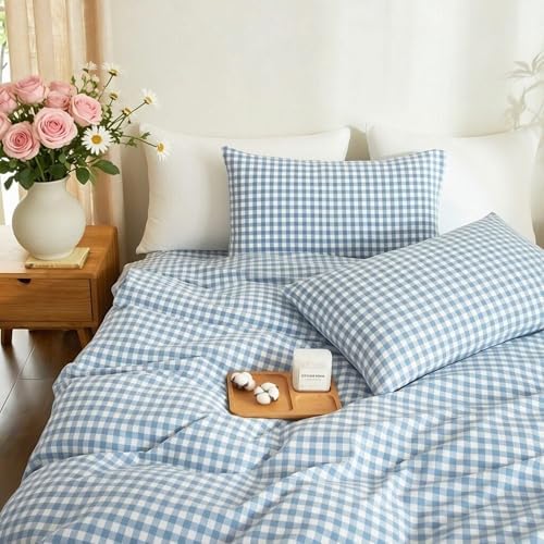 Gingham Duvet Cover Set 3 Piece 100% Washed Cotton Linen Feel Modern Plaid Checkered Bedding Comfy Breathable (Blue/White Gingham, Full)