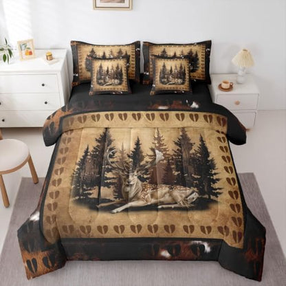 Erosebridal Farmhouse Deer Bed in A Bag 7 Pcs Country Forest Animal Comforter Set for Women Men Hunting Wildlife Deer Paw Bedding Sets King Rustic Woodland Cabin Sheet Set with Comforter