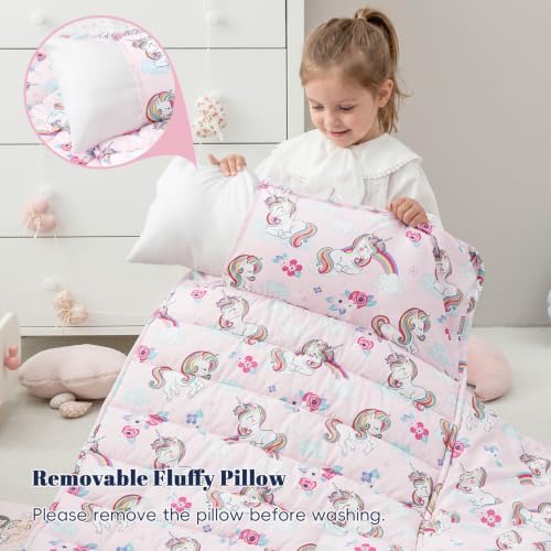 PHF Toddler Nap Mat with Removable Pillow and Minky Blanket, Rollup Design Kids Sleeping Mat, Slumber Bags for Girls, 55"x23" Toddler Sleeping Bag for Daycare Preschool Travel Camping, Unicorn