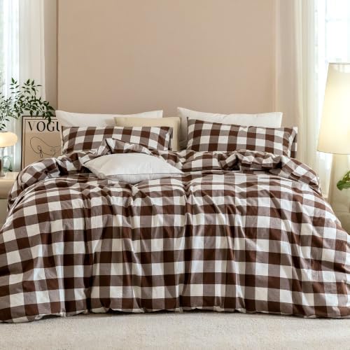 JIYUAN King Washed Cotton Duvet Cover Set, 3-Piece, Buffalo Check