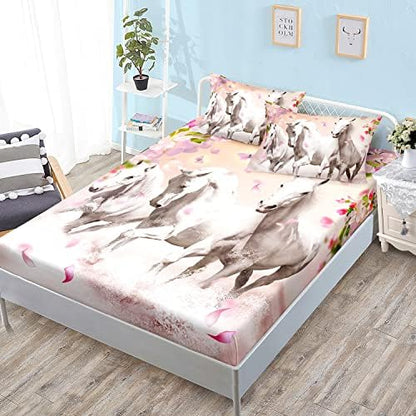 HOSIMA Floral Horse Fitted Sheet Full,1 Fitted Sheet+2 Pillowcases.