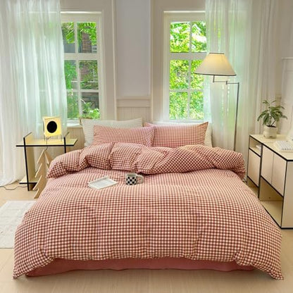 LifeTB Twin XL Comforter Set Red Orange Gingham Comforter with 2 Pillowcases Modern Style Grid Plaid Comforter Set Fluffy Soft Lightweight Gingham Bedding Set Fluffy Checkered Comforter Twin XL