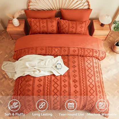 MR&HM King Size Comforter Set 7 Pieces, Boho Tufted Bedding Set Terracotta