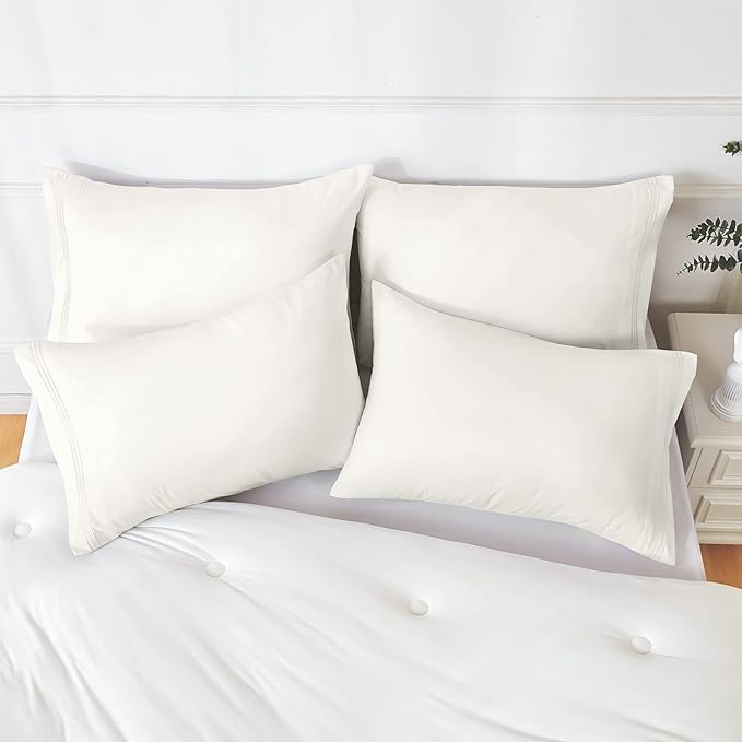 YIYEA Pillow Cases Standard Size Set of 4, Ultra Soft 1800TC Hotel Quality Double Brushed Microfiber Embroidered Pillowcases, Envelope Closure, Fade Resistant (20"x26", Ivory)
