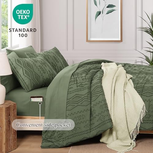 King Size Comforter Set Olive Green Tufted Boho Bedding Farmhouse 7 Pieces