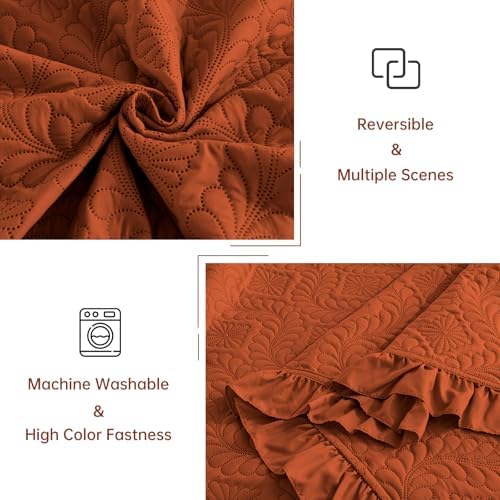 DJY Queen Quilt Set 3 Pieces, Lightweight Ruffled Bedspread, Burnt Orange