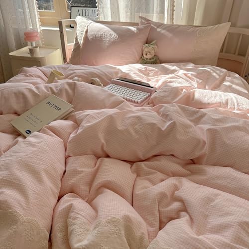 LifeTB Pink Gingham Comforter Set Full Size Soft Fluffy Romantic Lace Bedding Set Cottagecore Cute Plaid Checkered Comforter Set 3 Pieces Pink Grid Farmhouse Bedding Comforter with 2 Pillowcases
