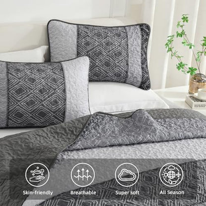Cottolester Full Size Quilt,3 Pcs Black White Grey Striped Bedspread
