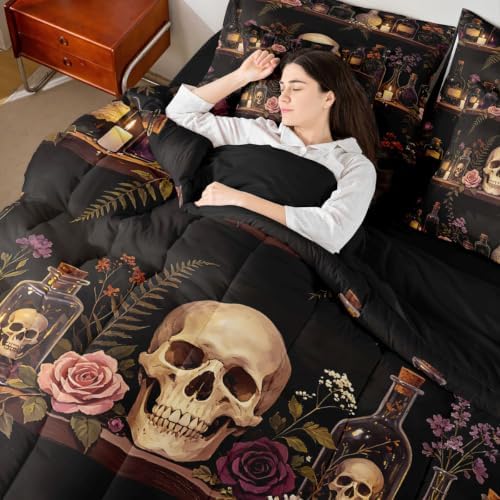 Erosebridal Skull Halloween 7 Piece Bedding Set Full Cool Painting Comforter Set with Sheets Gothic Vintage Witchy Bed in a Bag Spooky Magic Bookshelf Bed Sets Comforter
