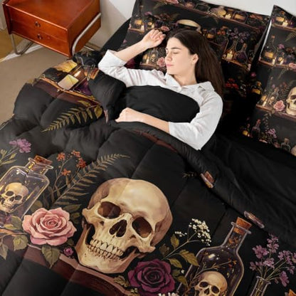 Erosebridal Skull Halloween 7 Piece Bedding Set Full Cool Painting Comforter Set with Sheets Gothic Vintage Witchy Bed in a Bag Spooky Magic Bookshelf Bed Sets Comforter