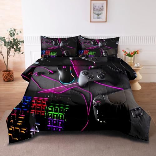 Gaming Comforter for Boys Teens,Game Bedding Sets Queen,Kids Gamer Comforter Set,Video Game Bedroom Bed Set Controller Duvet All Season 3 Piece