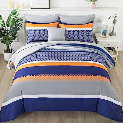 Anibedding 8 Pieces Bed in a Bag,Striped Comforter Set Queen Size