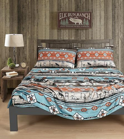 Chezmoi Collection 3-Piece Southwestern Cowboy Rodeo Sheet Set Twin XL Size - Multicolor Blue Brown Beige Clay Printed Brushed Microfiber Lightweight Breathable Deep Pocket Bed Sheets